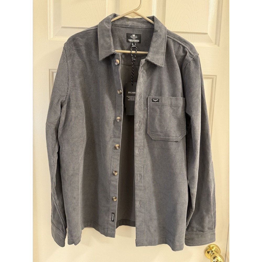 Threadbare Men's M Corduroy Cotton Gray Solid Spread Collar Pockets Button-Up
